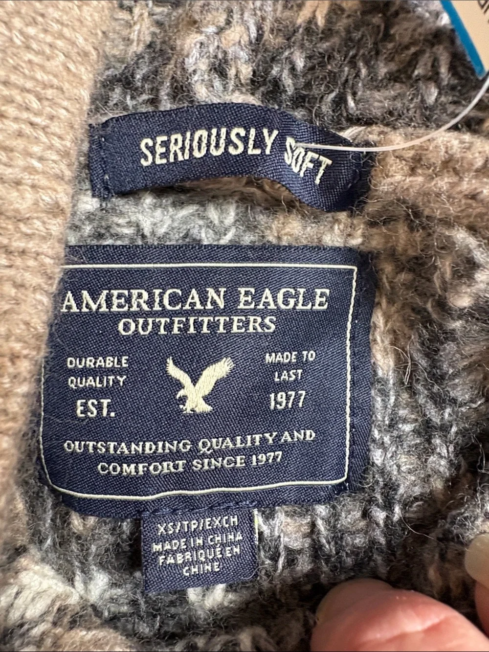 American Eagle Outfitters Taupe Hooded Fair Isle Sweater
